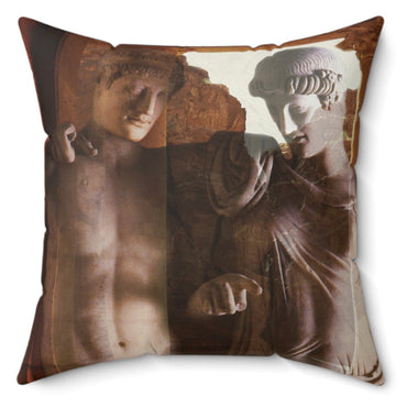 Elettra and Oreste decorative pillow by Storaro Art Collection - Elettra and Oreste classical sculptures with golden architectural framing in tragic nobility atmosphere on premium home decor accessory
