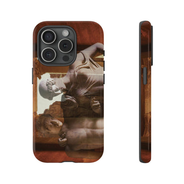 Elettra and Oreste phone case by Storaro Art Collection - Elettra and Oreste classical sculptures with golden architectural framing in tragic nobility atmosphere in durable mobile protection
