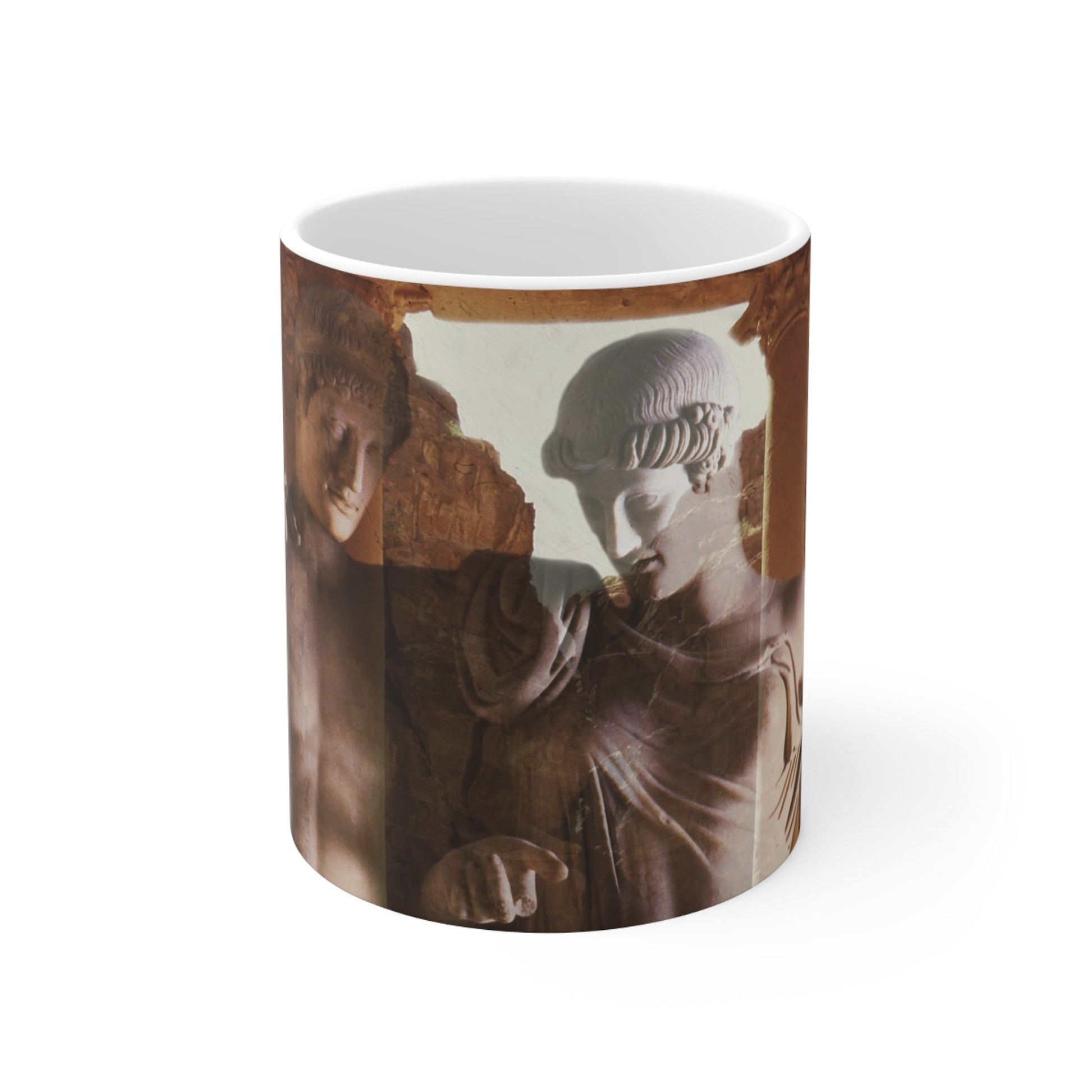 Elettra and Oreste white mug by Storaro Art Collection - Elettra and Oreste classical sculptures with golden architectural framing in tragic nobility atmosphere on elegant ceramic drinkware
