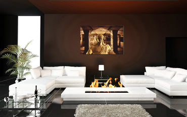Etruscan Apollo acrylic print by Storaro Art Collection - Apollo of Veii sculpture with golden sanctuary underground temple architecture in sacred divine atmosphere in premium wall art
