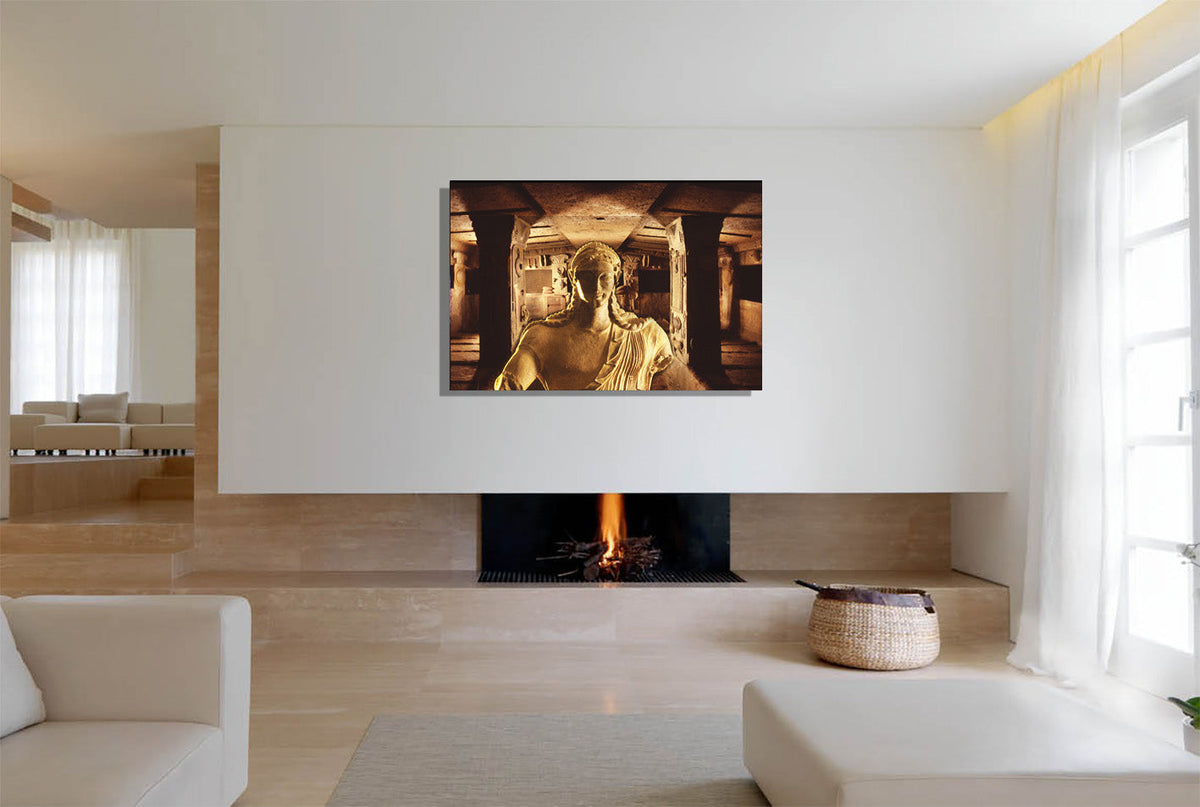 Etruscan Apollo canvas print by Storaro Art Collection - Apollo of Veii sculpture with golden sanctuary underground temple architecture in sacred divine atmosphere on museum-quality wall art
