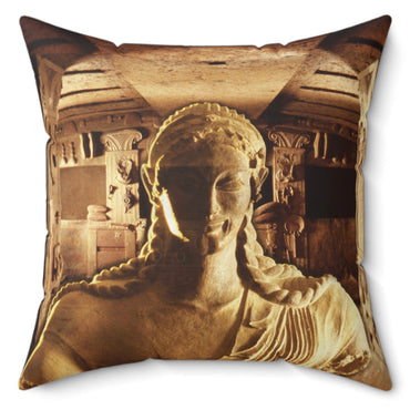 Etruscan Apollo decorative pillow by Storaro Art Collection - Apollo of Veii sculpture with golden sanctuary underground temple architecture in sacred divine atmosphere on premium home decor accessory
