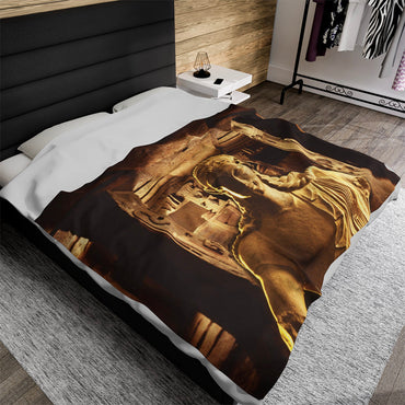 Etruscan Apollo luxury blanket by Storaro Art Collection - Apollo of Veii sculpture with golden sanctuary underground temple architecture in sacred divine atmosphere on premium comfort fabric
