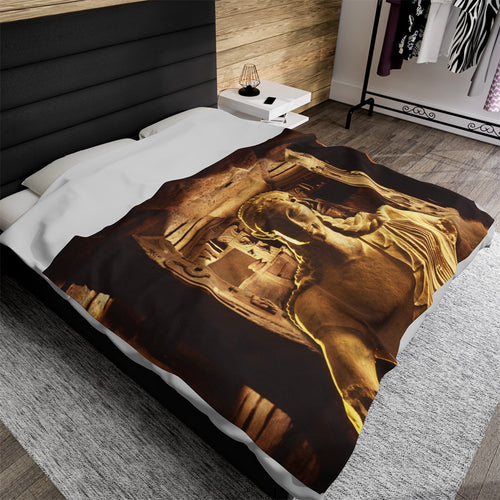 Etruscan Apollo luxury blanket by Storaro Art Collection - Apollo of Veii sculpture with golden sanctuary underground temple architecture in sacred divine atmosphere on premium comfort fabric
