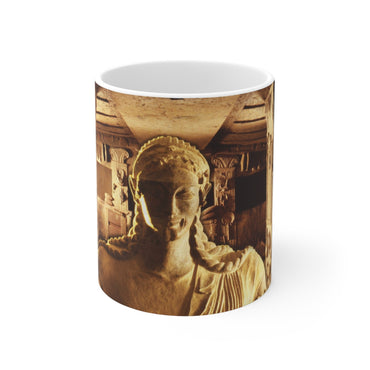 Etruscan Apollo white mug by Storaro Art Collection - Apollo of Veii sculpture with golden sanctuary underground temple architecture in sacred divine atmosphere on elegant ceramic drinkware
