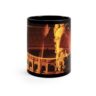 Flavian Amphitheater black mug by Storaro Art Collection - Colosseum architecture with imperial sculpture in golden monumental atmosphere on sophisticated ceramic drinkware
