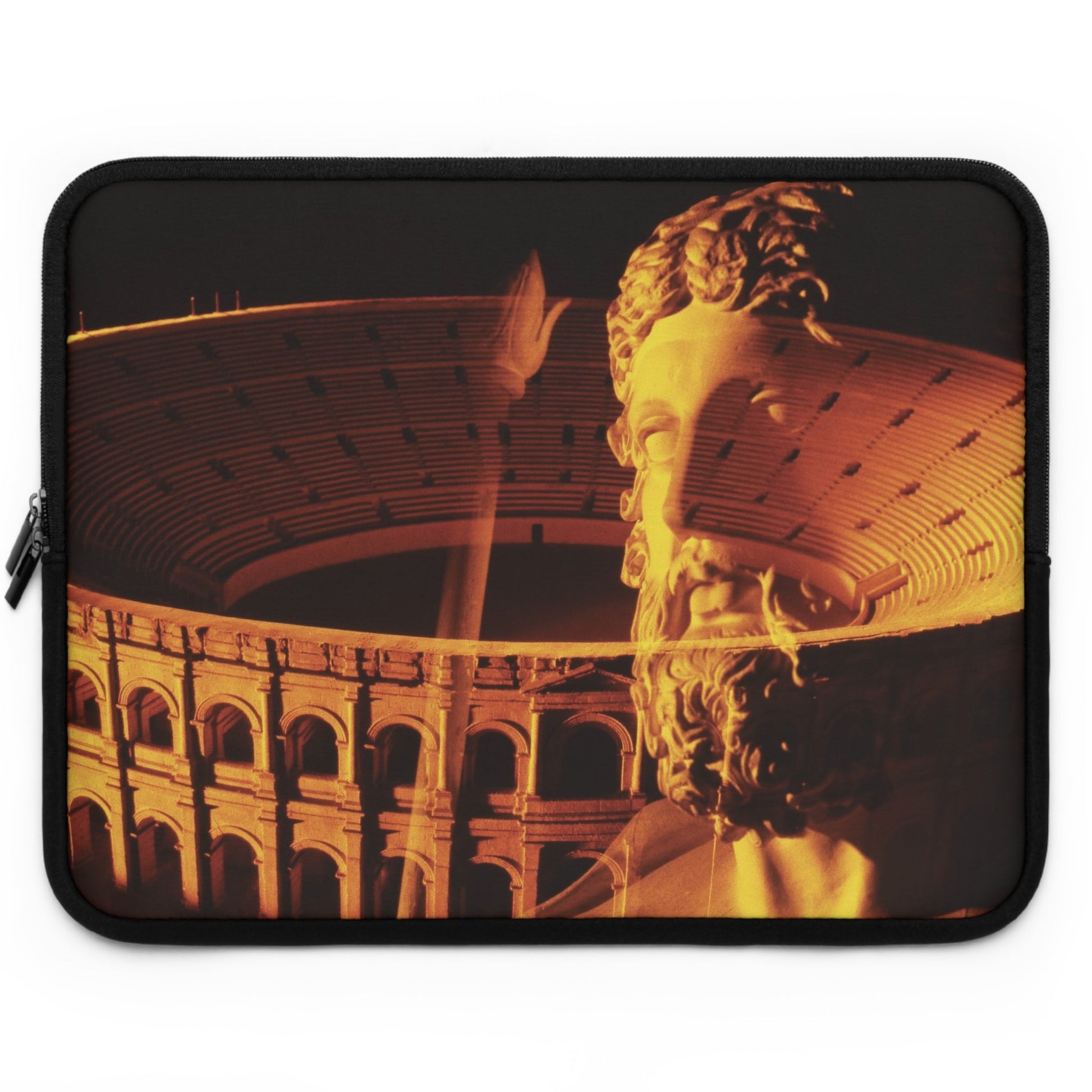 Flavian Amphitheater laptop sleeve by Storaro Art Collection - Colosseum architecture with imperial sculpture in golden monumental atmosphere in padded tech protection
