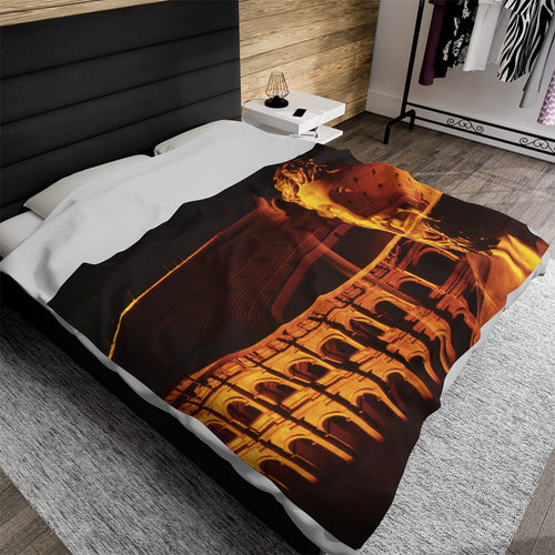 Flavian Amphitheater luxury blanket by Storaro Art Collection - Colosseum architecture with imperial sculpture in golden monumental atmosphere on premium comfort fabric
