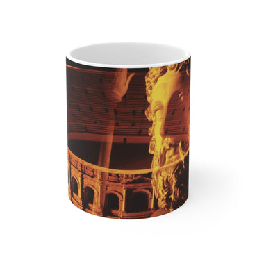 Flavian Amphitheater white mug by Storaro Art Collection - Colosseum architecture with imperial sculpture in golden monumental atmosphere on elegant ceramic drinkware
