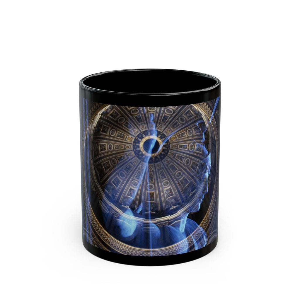 Goddess of Immortality black mug by Storaro Art Collection - Roman goddess sculpture with celestial blue dome architecture in divine transcendence atmosphere on sophisticated ceramic drinkware
