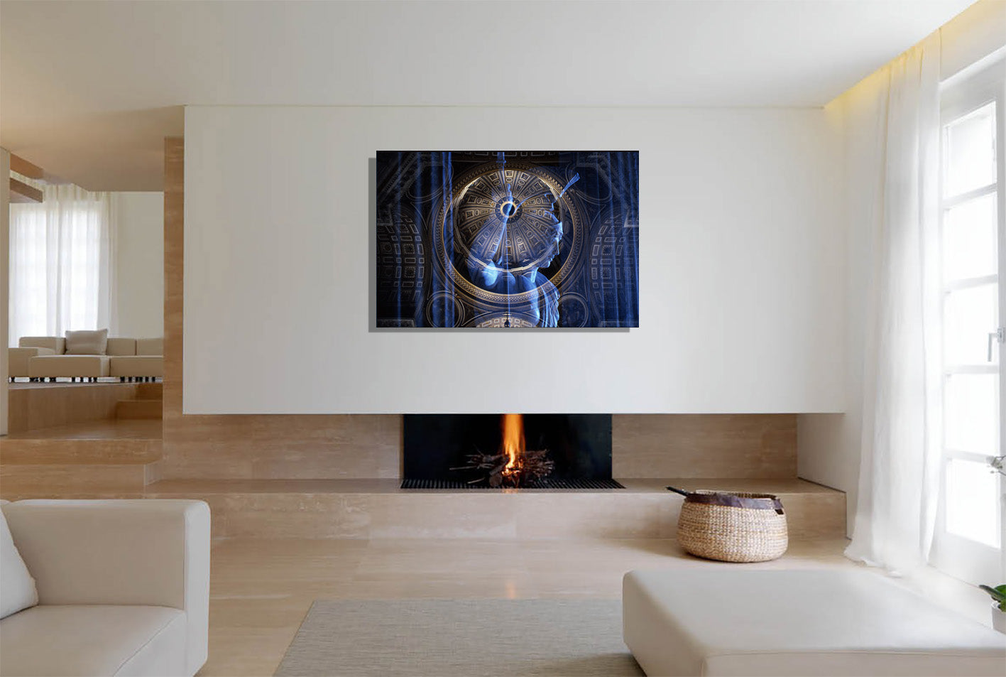 Goddess of Immortality canvas print by Storaro Art Collection - Roman goddess sculpture with celestial blue dome architecture in divine transcendence atmosphere on museum-quality wall art
