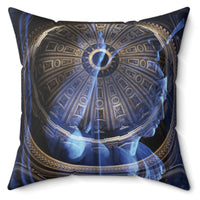 Goddess of Immortality decorative pillow by Storaro Art Collection - Roman goddess sculpture with celestial blue dome architecture in divine transcendence atmosphere on premium home decor accessory

