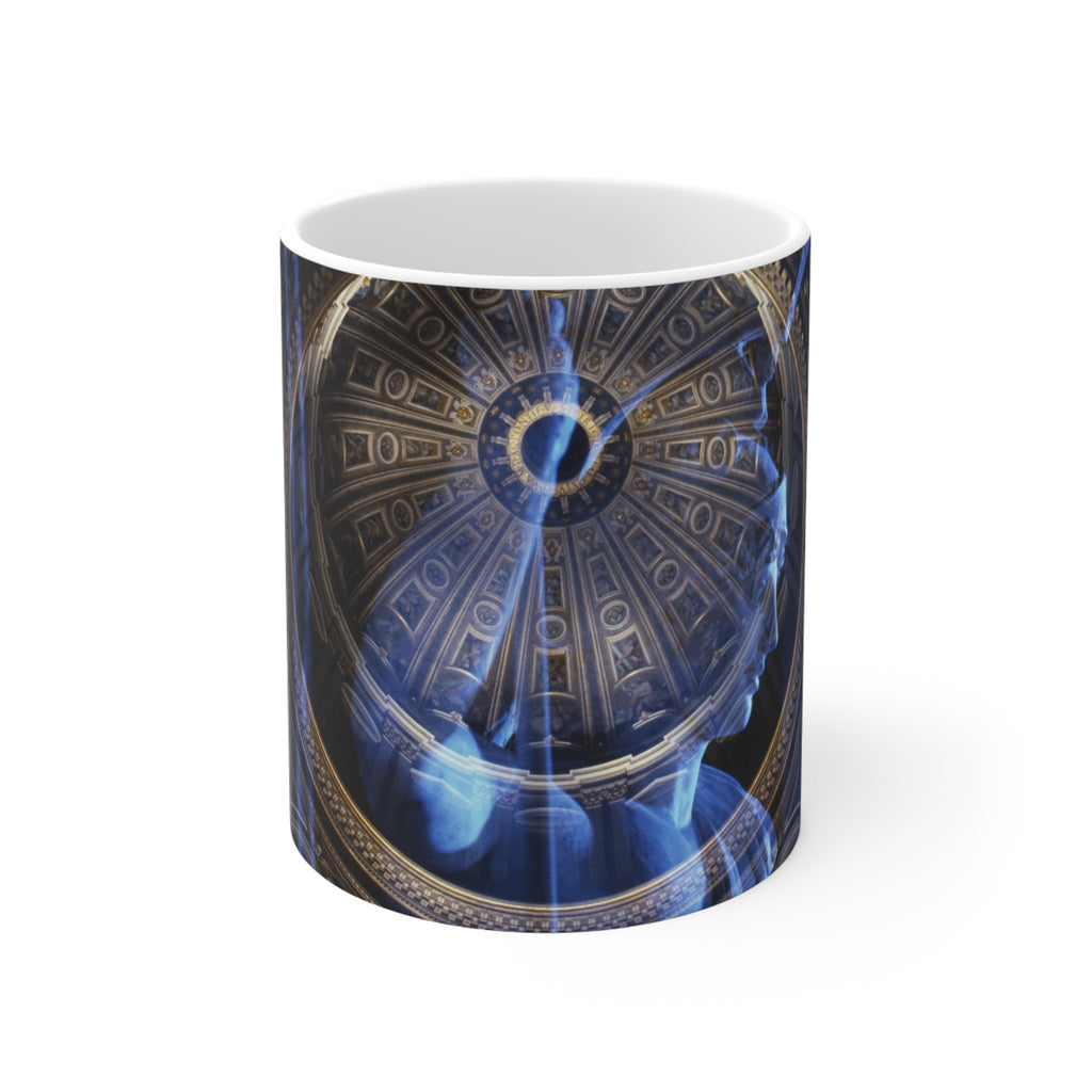 Goddess of Immortality white mug by Storaro Art Collection - Roman goddess sculpture with celestial blue dome architecture in divine transcendence atmosphere on elegant ceramic drinkware

