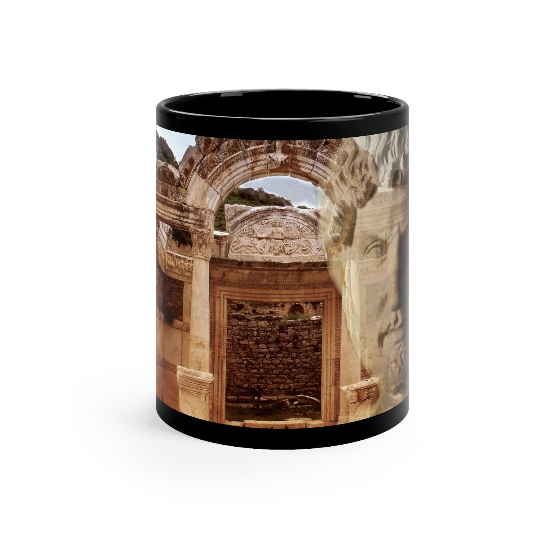 Hadrian's Market in Petra black mug by Storaro Art Collection - Roman emperor with Petra market architecture in rose-gold sandstone on sophisticated ceramic drinkware
