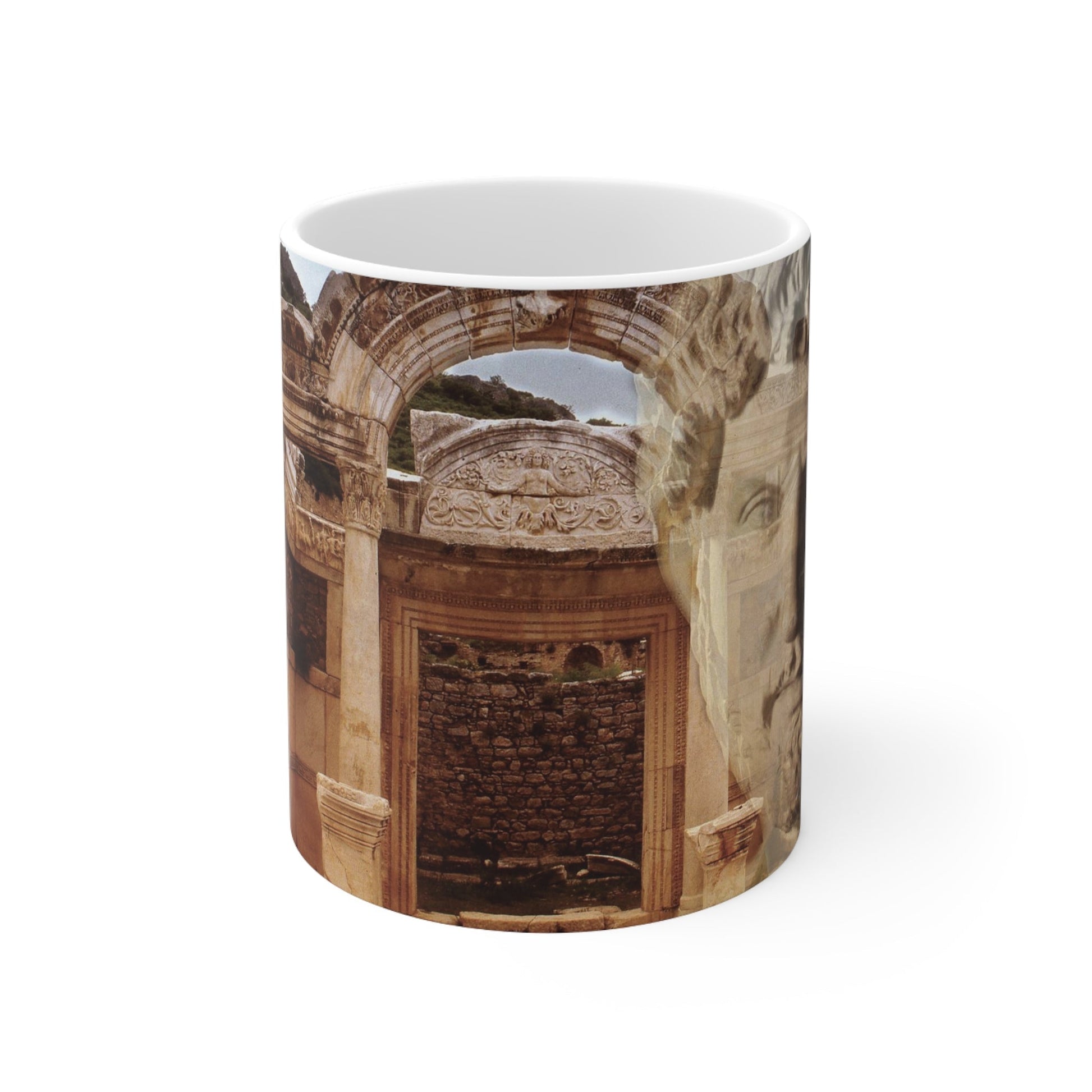 Hadrian's Market in Petra white mug by Storaro Art Collection - Roman emperor with Petra market architecture in rose-gold sandstone on elegant ceramic drinkware
