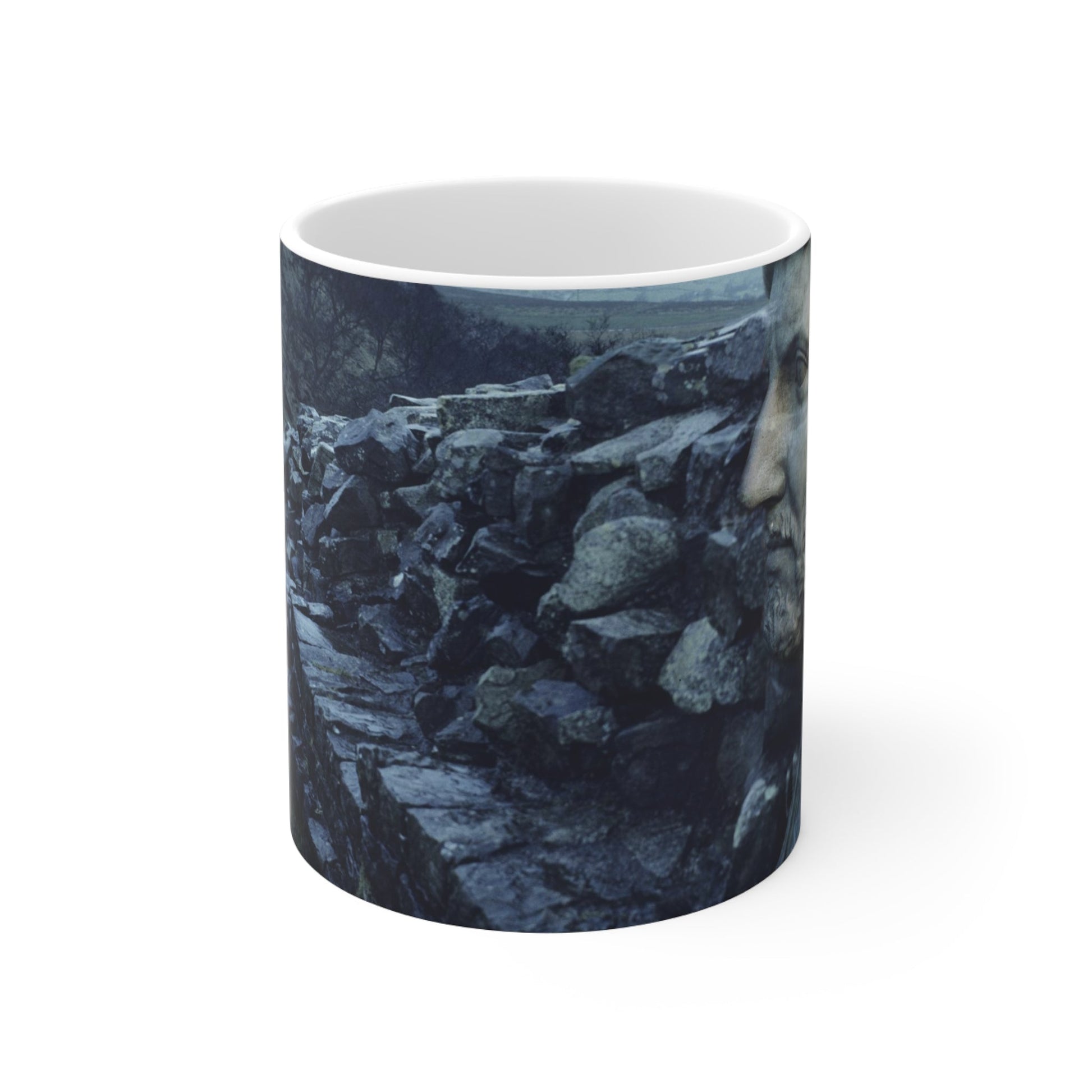 Hadrian's Wall in Britannia white mug by Storaro Art Collection - Roman emperor with frontier wall landscape in cool atmospheric tones on elegant ceramic drinkware
