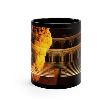 Heracles Arena black mug by Storaro Art Collection - Heracles sculpture with golden Roman amphitheater in heroic fire atmosphere on sophisticated ceramic drinkware
