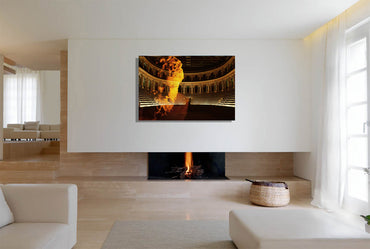 Heracles Arena canvas print by Storaro Art Collection - Heracles sculpture with golden Roman amphitheater in heroic fire atmosphere on museum-quality wall art
