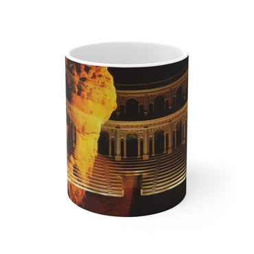 Heracles Arena white mug by Storaro Art Collection - Heracles sculpture with golden Roman amphitheater in heroic fire atmosphere on elegant ceramic drinkware
