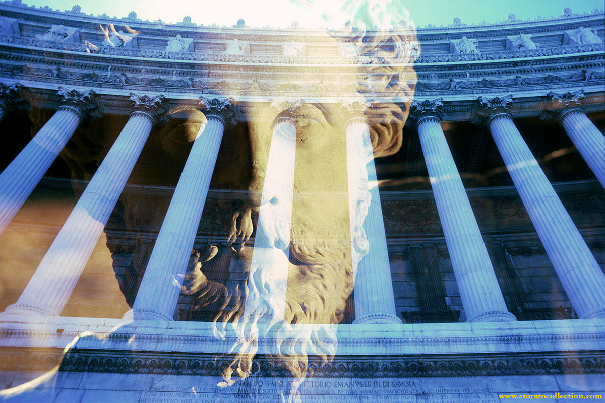Photograph by Vittorio Storaro titled Visions of Marcus Aurelius: the head of Marcus Aurelius in the Capitoline Museums and Il Vittoriano on Piazza Venezia, Rome, from the Emperors chapter of La Civiltà Romana.