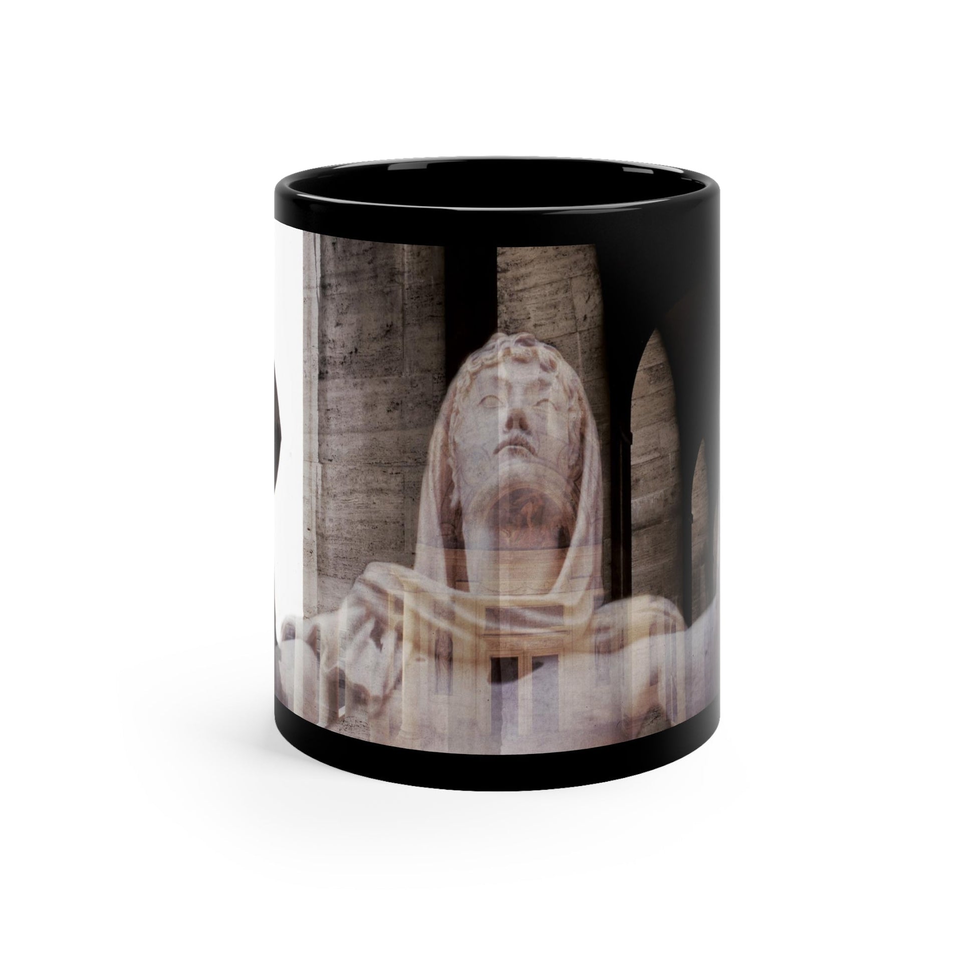 Italic Civilization black mug by Storaro Art Collection - Classical Roman statues within dramatic colonnade architecture on sophisticated ceramic drinkware
