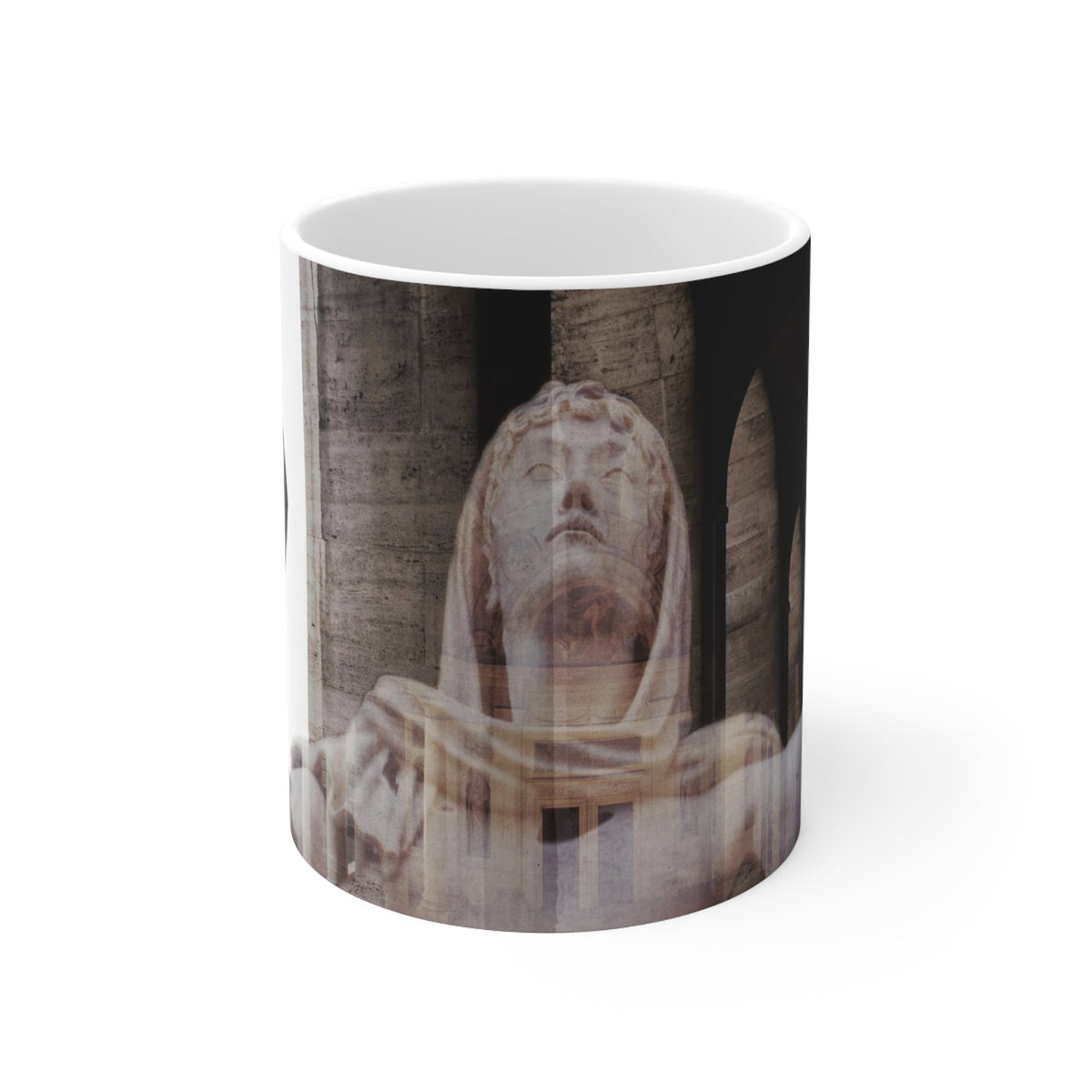 Italic Civilization white mug by Storaro Art Collection - Classical Roman statues within dramatic colonnade architecture on elegant ceramic drinkware
