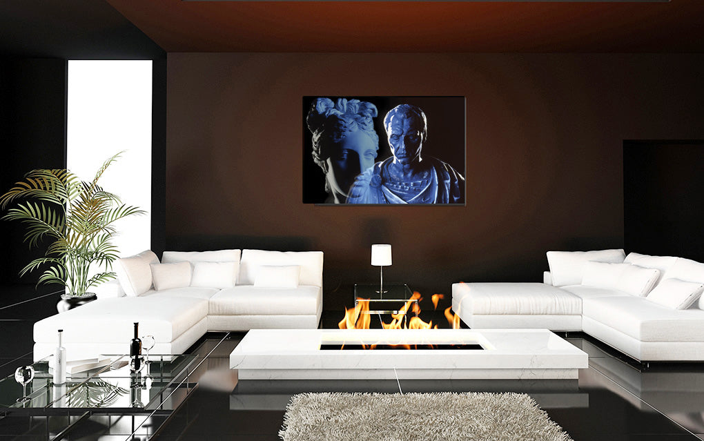 Julius Caesar and Venus acrylic print by Storaro Art Collection - Caesar portrait with Venus goddess sculpture in celestial blue lighting in premium wall art
