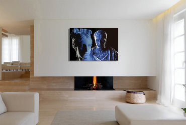 Julius Caesar and Venus canvas print by Storaro Art Collection - Caesar portrait with Venus goddess sculpture in celestial blue lighting on museum-quality wall art
