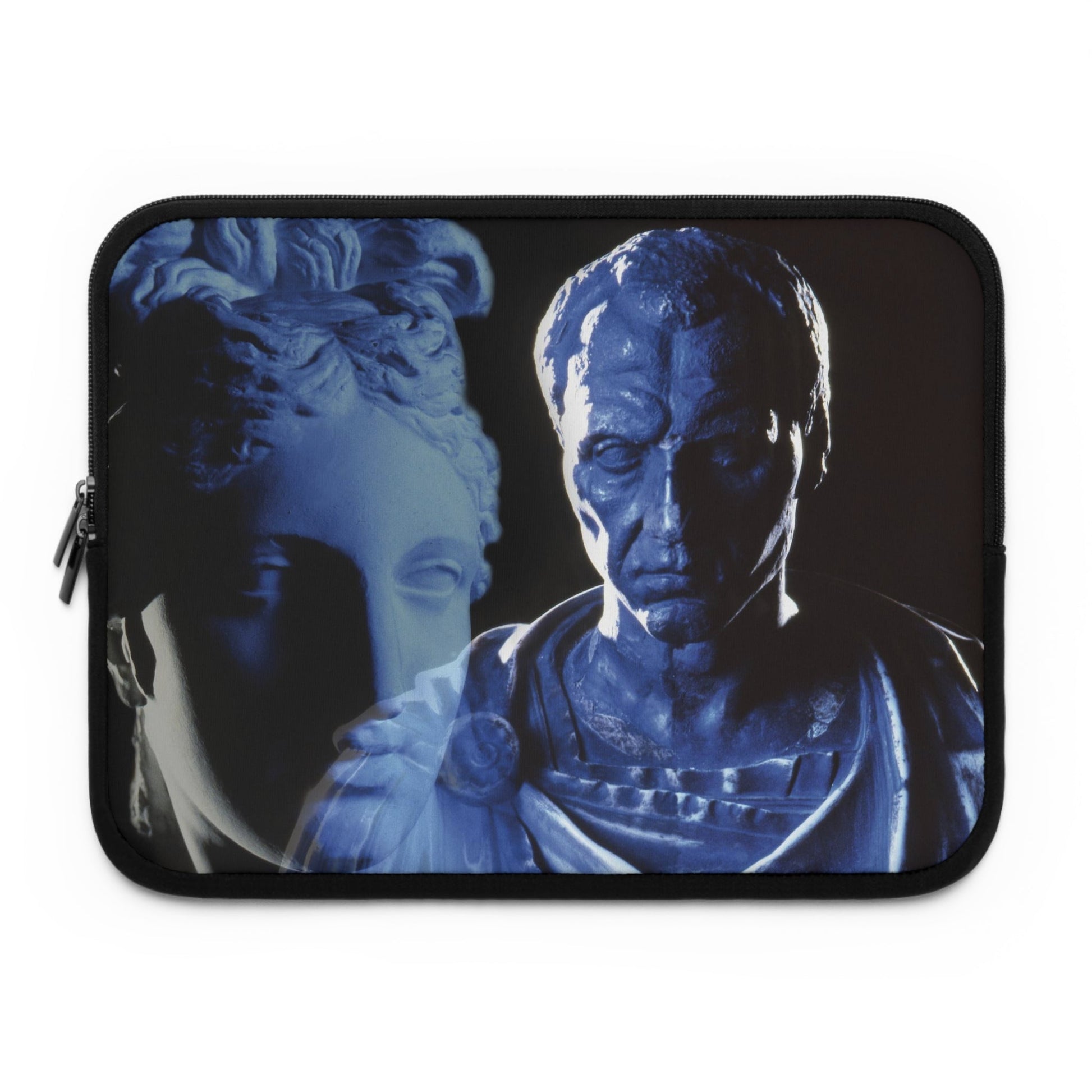 Julius Caesar and Venus laptop sleeve by Storaro Art Collection - Caesar portrait with Venus goddess sculpture in celestial blue lighting in padded tech protection

