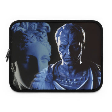 Julius Caesar and Venus laptop sleeve by Storaro Art Collection - Caesar portrait with Venus goddess sculpture in celestial blue lighting in padded tech protection
