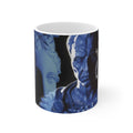 Julius Caesar and Venus white mug by Storaro Art Collection - Caesar portrait with Venus goddess sculpture in celestial blue lighting on elegant ceramic drinkware
