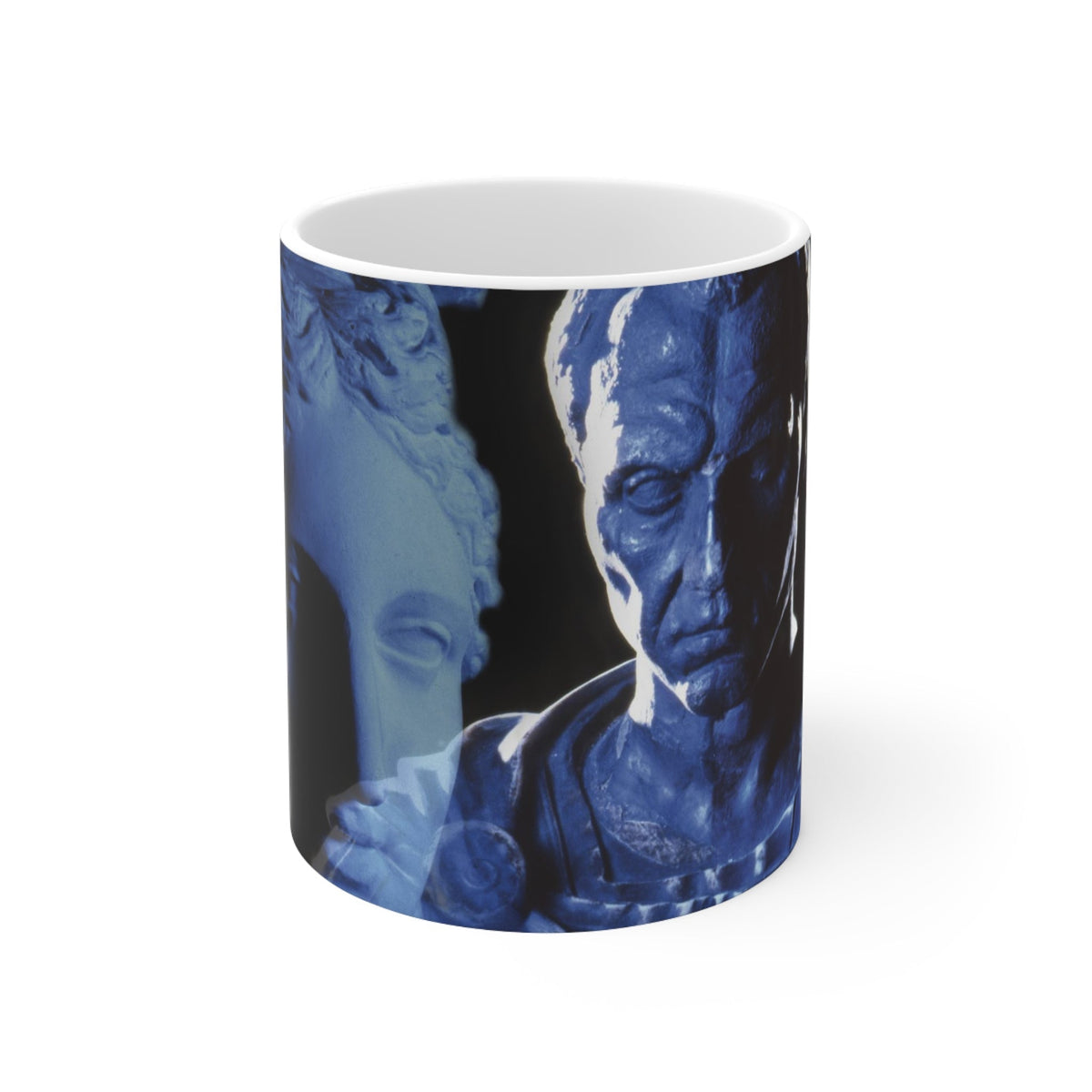Julius Caesar and Venus white mug by Storaro Art Collection - Caesar portrait with Venus goddess sculpture in celestial blue lighting on elegant ceramic drinkware
