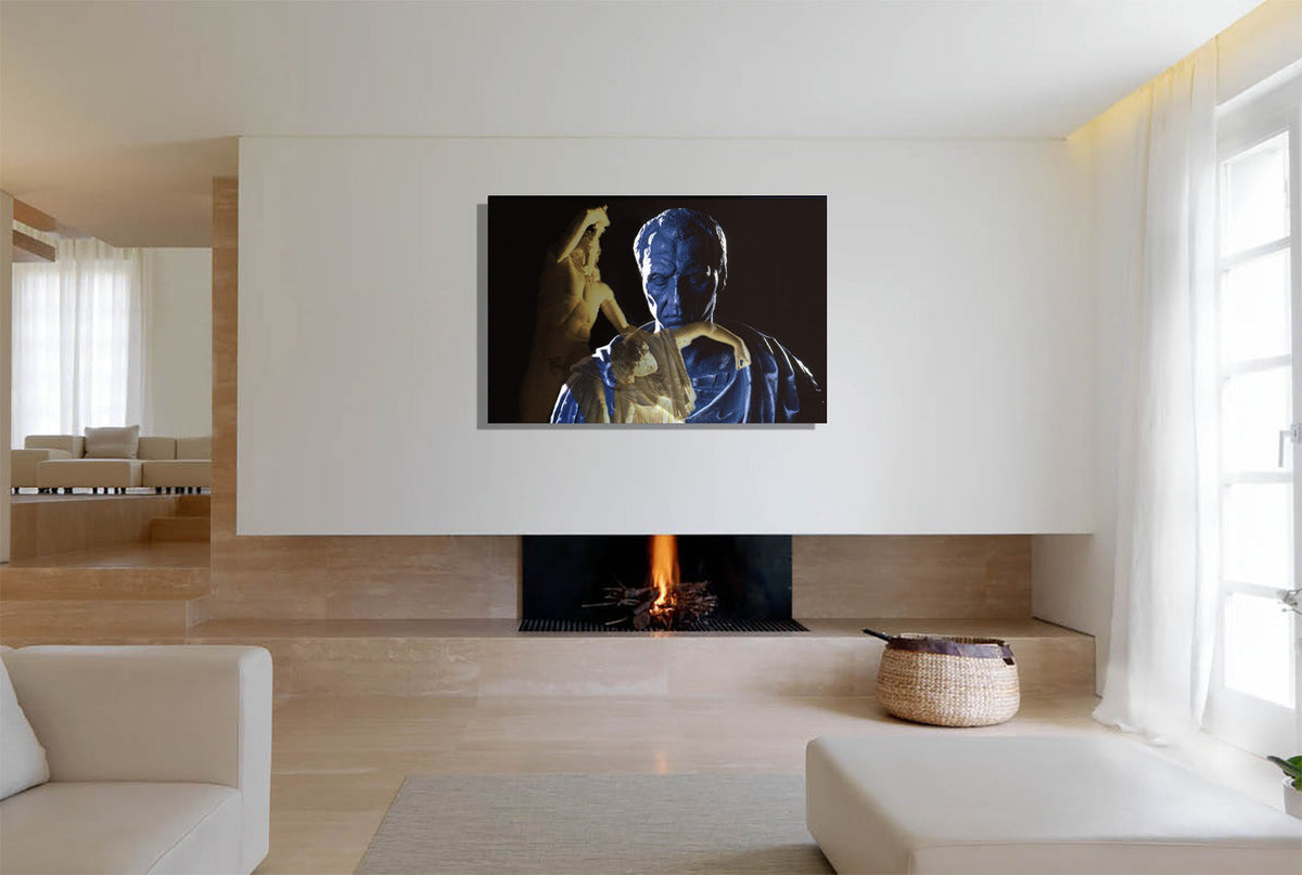 Julius Caesar and the Dying Galata canvas print by Storaro Art Collection - Caesar portrait with Dying Gaul sculpture in dramatic blue-gold lighting on museum-quality wall art
