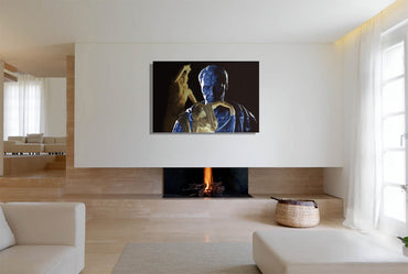 Julius Caesar and the Dying Galata canvas print by Storaro Art Collection - Caesar portrait with Dying Gaul sculpture in dramatic blue-gold lighting on museum-quality wall art

