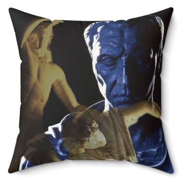 Julius Caesar and the Dying Galata decorative pillow by Storaro Art Collection - Caesar portrait with Dying Gaul sculpture in dramatic blue-gold lighting on premium home decor accessory
