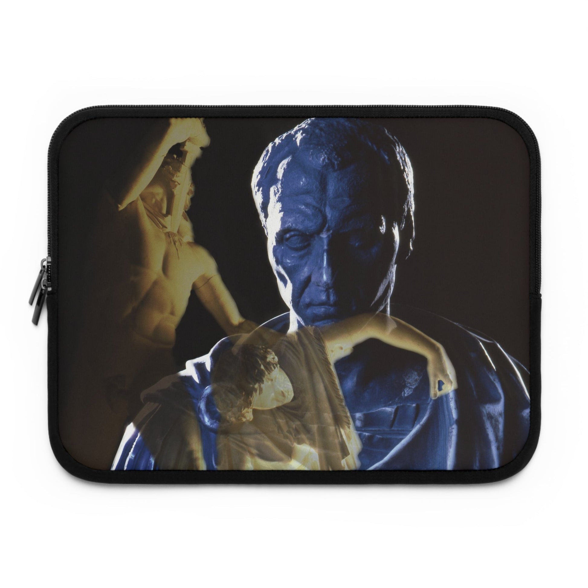 Julius Caesar and the Dying Galata laptop sleeve by Storaro Art Collection - Caesar portrait with Dying Gaul sculpture in dramatic blue-gold lighting in padded tech protection