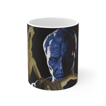 Julius Caesar and the Dying Galata white mug by Storaro Art Collection - Caesar portrait with Dying Gaul sculpture in dramatic blue-gold lighting on elegant ceramic drinkware
