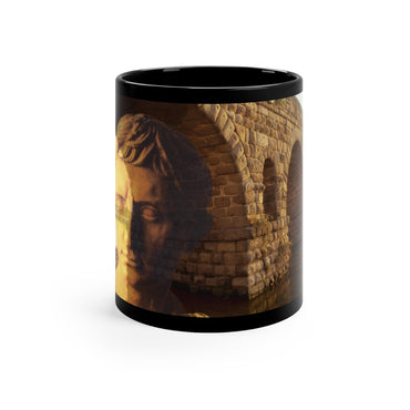 Julius Caesar and the France Bridge black mug by Storaro Art Collection - Caesar portrait with Pont du Gard aqueduct bridge in golden stone lighting on sophisticated ceramic drinkware
