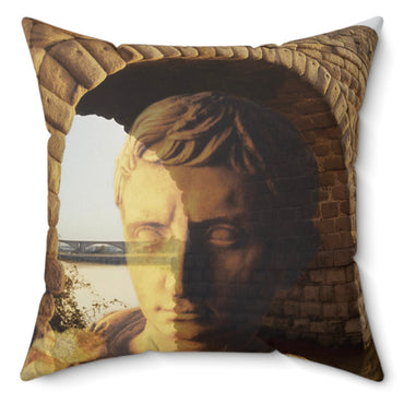 Julius Caesar and the France Bridge decorative pillow by Storaro Art Collection - Caesar portrait with Pont du Gard aqueduct bridge in golden stone lighting on premium home decor accessory
