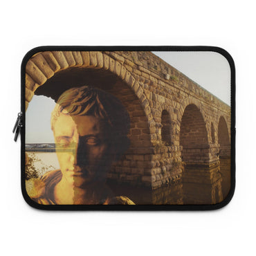Julius Caesar and the France Bridge laptop sleeve by Storaro Art Collection - Caesar portrait with Pont du Gard aqueduct bridge in golden stone lighting in padded tech protection