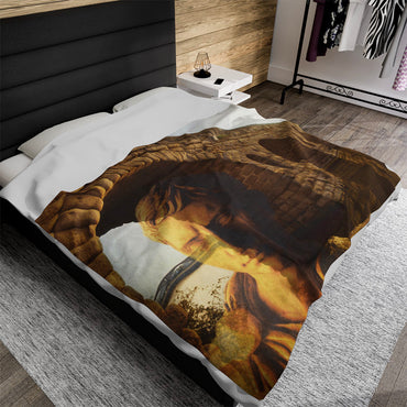 Julius Caesar and the France Bridge luxury blanket by Storaro Art Collection - Caesar portrait with Pont du Gard aqueduct bridge in golden stone lighting on premium comfort fabric