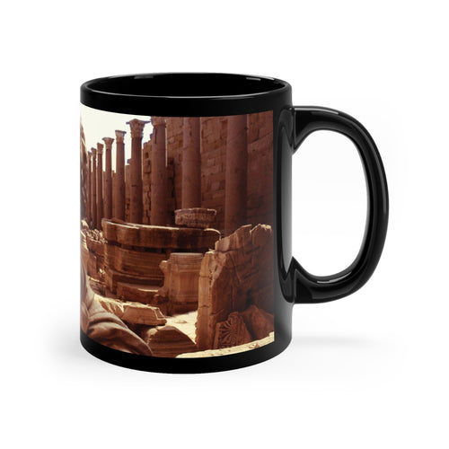 Museum-inspired black coffee mug showcasing La Civiltà Romana artwork of Septimius Severus, Rome's first African Emperor, merged with his birthplace Leptis Magna in a striking golden double exposure print on durable 11oz ceramic