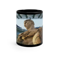 Olympic Stadium in Rome black ceramic mug - Classical marble athlete statue superimposed on modern Stadio Olimpico architecture on premium drinkware with black background
