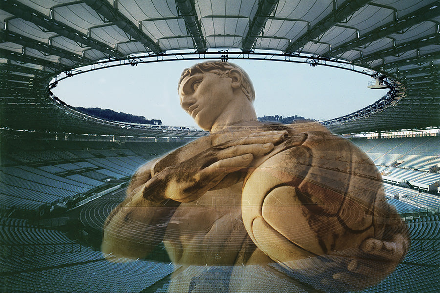 Olympic Stadium in Rome photo print by Vittorio Storaro - Classical marble athlete statue superimposed on modern Stadio Olimpico architecture
