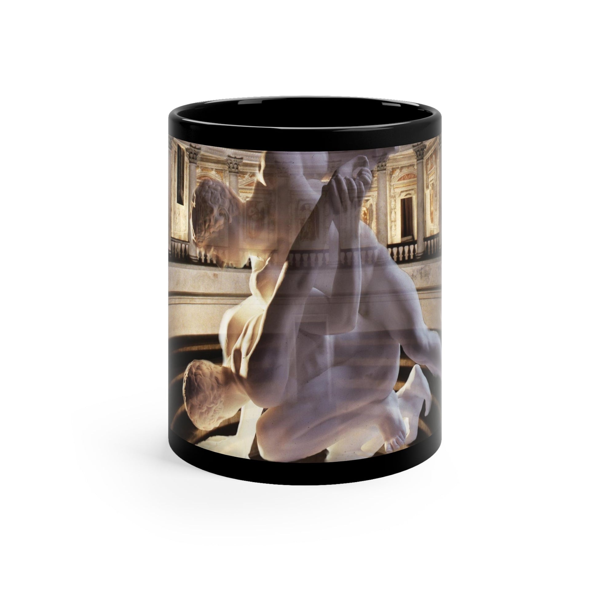 Olympic Theater of Sabbioneta black ceramic mug - Classical sculpture superimposed on Renaissance theater interior on premium drinkware with black background
