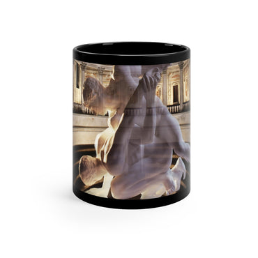 Olympic Theater of Sabbioneta black ceramic mug - Classical sculpture superimposed on Renaissance theater interior on premium drinkware with black background

