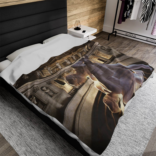 Olympic Theater of Sabbioneta luxury throw blanket - Classical sculpture superimposed on Renaissance theater interior on premium soft fabric home accessory
