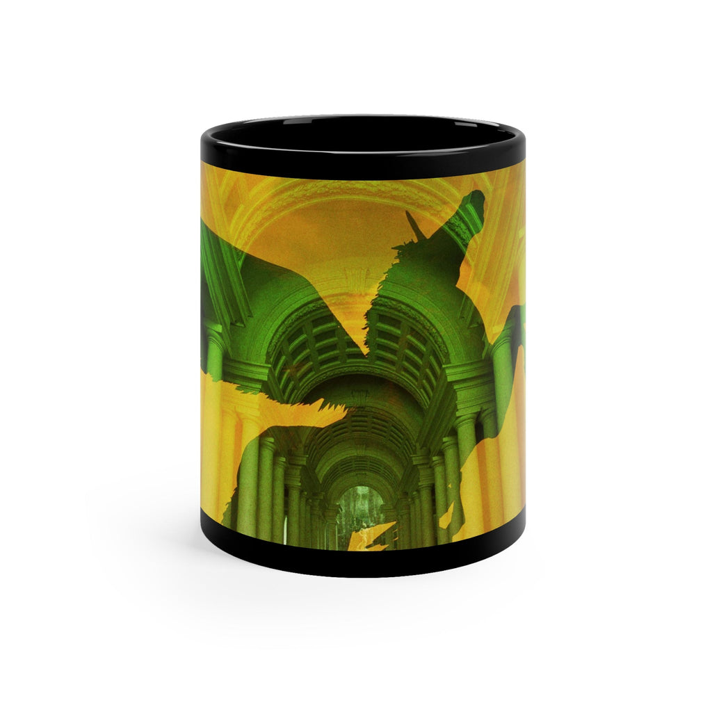 Pegasus black ceramic mug - Green mythological flying horse silhouette against golden classical columned hallway on premium drinkware with black background

