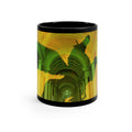 Pegasus black ceramic mug - Green mythological flying horse silhouette against golden classical columned hallway on premium drinkware with black background
