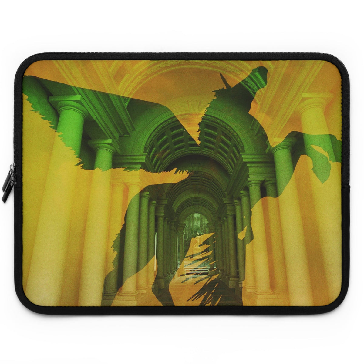 Pegasus laptop sleeve - Green mythological flying horse silhouette against golden classical columned hallway on protective neoprene computer case